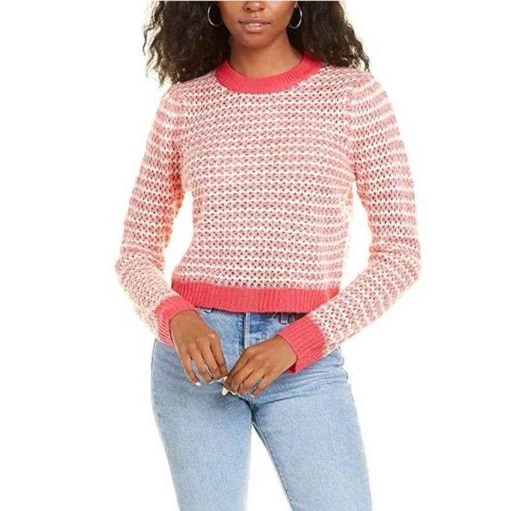 Wayf Open Knit Pink & White Crew Neck Sweater